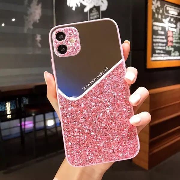 iPhone 12 Handyhülle mit spiegel und glitzer in pink