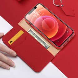 iphone 12 pro max echt leder flip hülle mit kartenfach rot