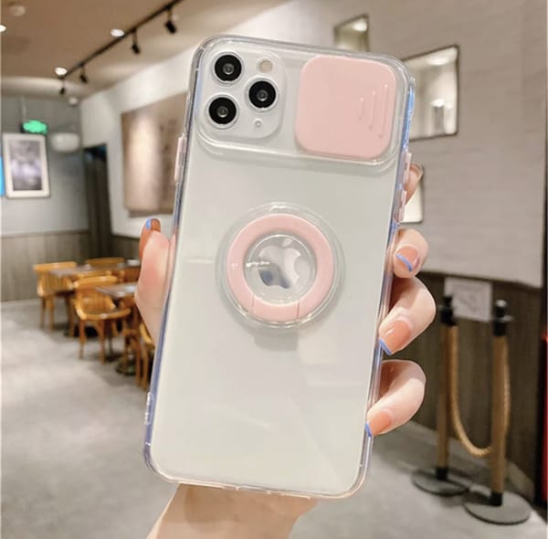 iphone 13 Hülle transparent mit Schieber für Kameraschutz und Ring-pink